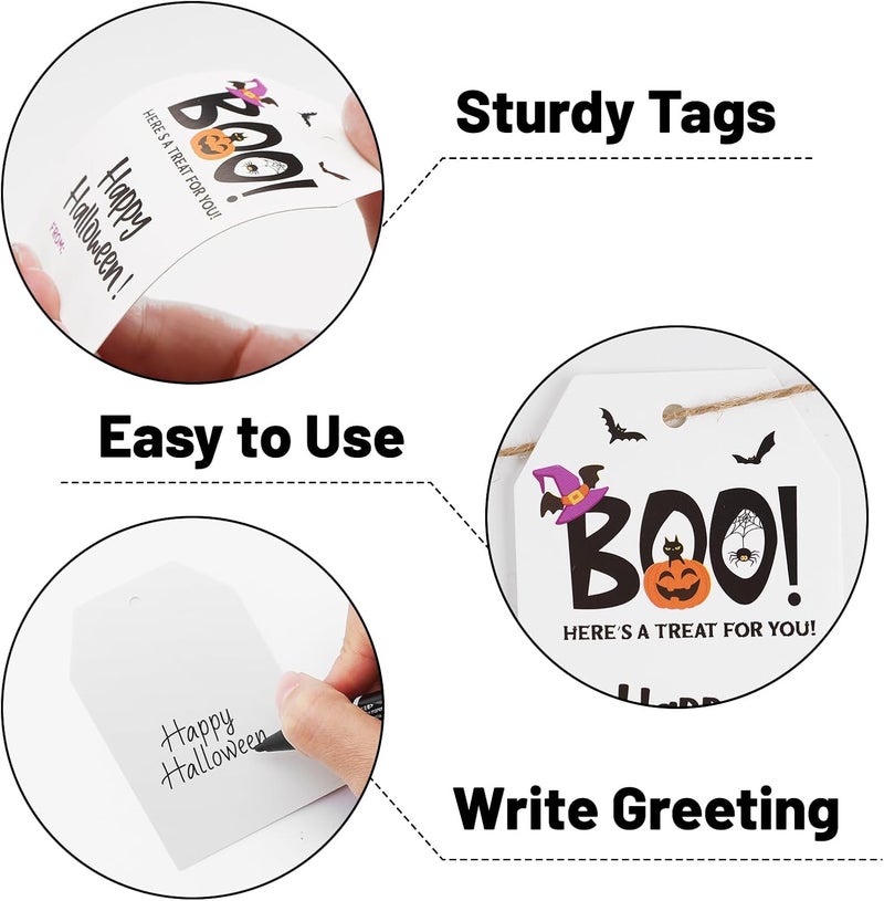 Alynta Halloween Tags with String - 50Pcs Happy Halloween Paper Gift Tags Boo Tag Pumpkin Bat Name Tag Labels for Goodie Bags Gift Wrapping Halloween Decorations (Black) - Image 3
